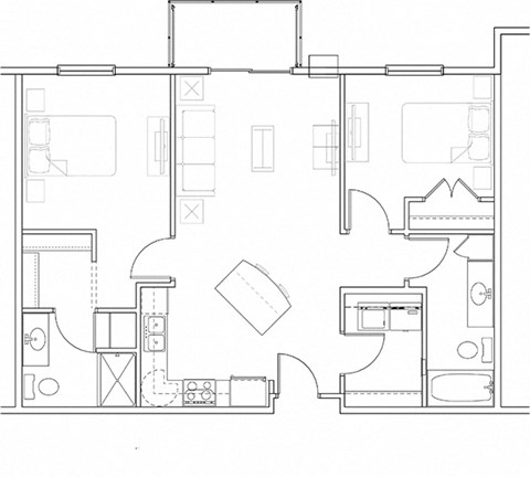 Floor plan for 2 beds, 2 baths, 973 sqft